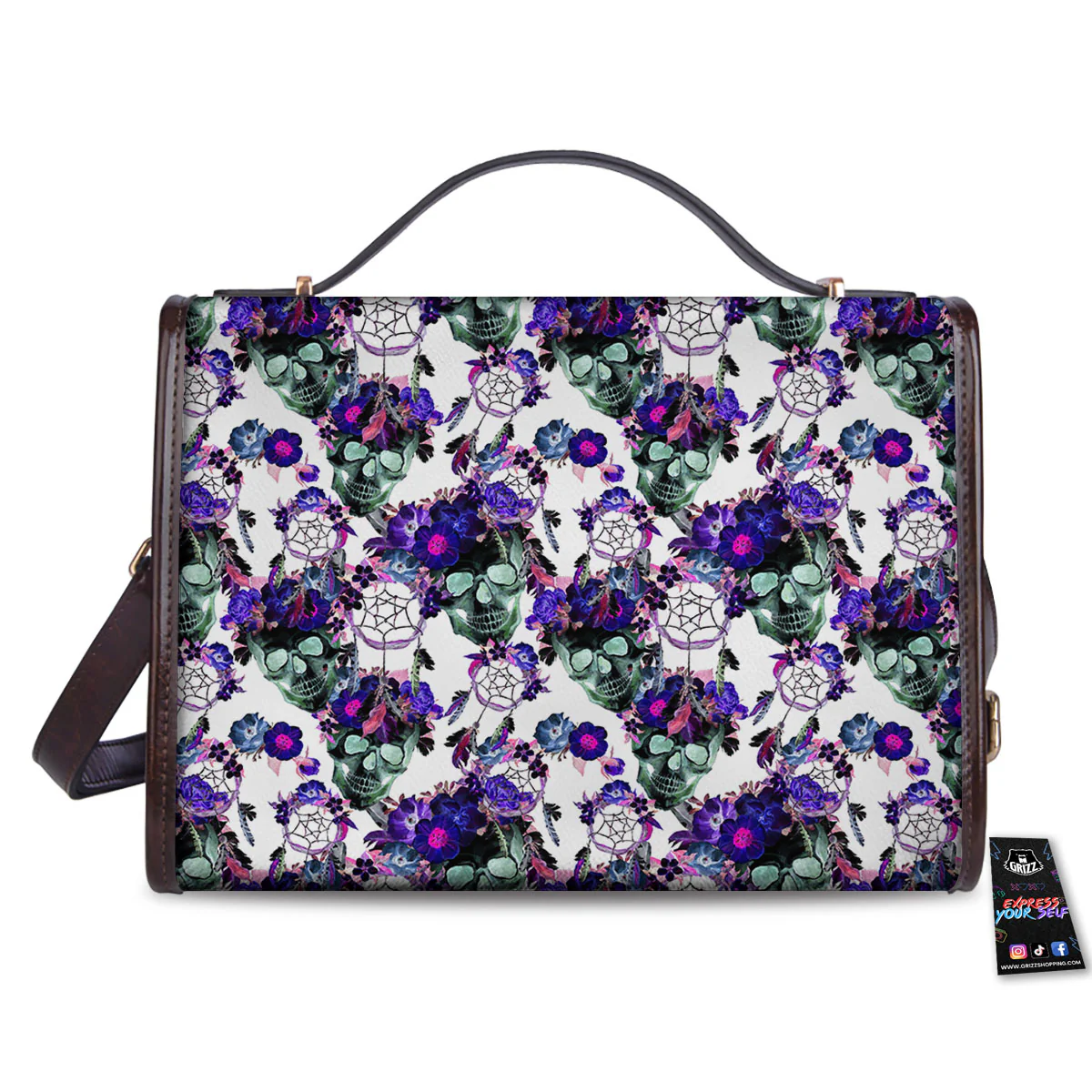 Floral Neon Skull Print Pattern Women's Satchel Bag - Image 2