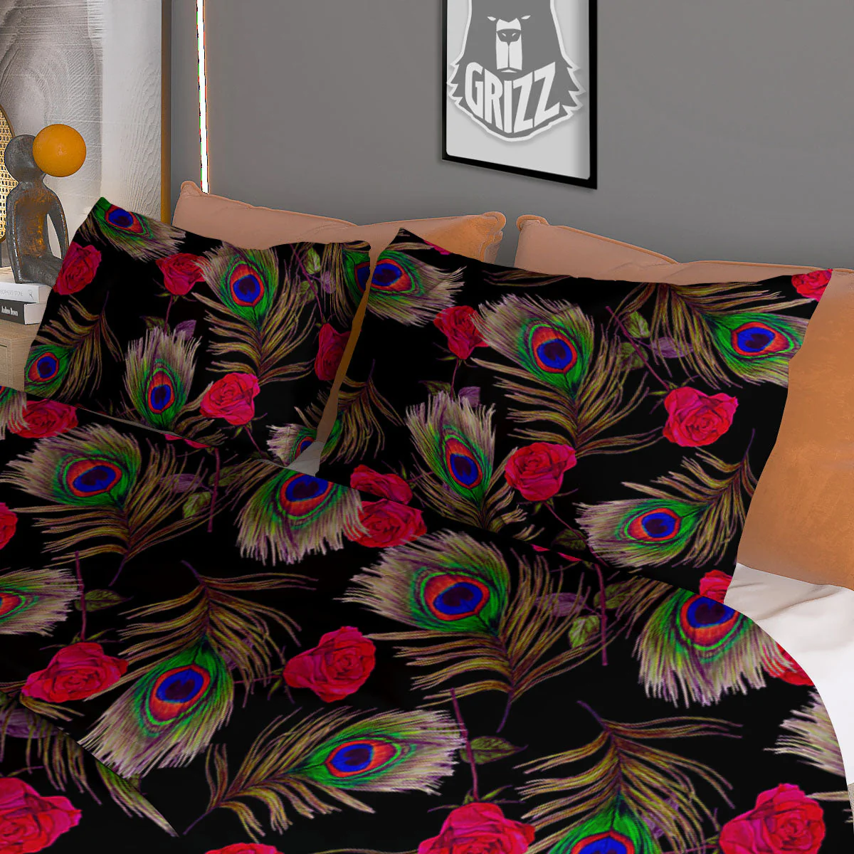 Floral Peacock Feather Print Pattern Duvet Cover Bedding Set - Image 3