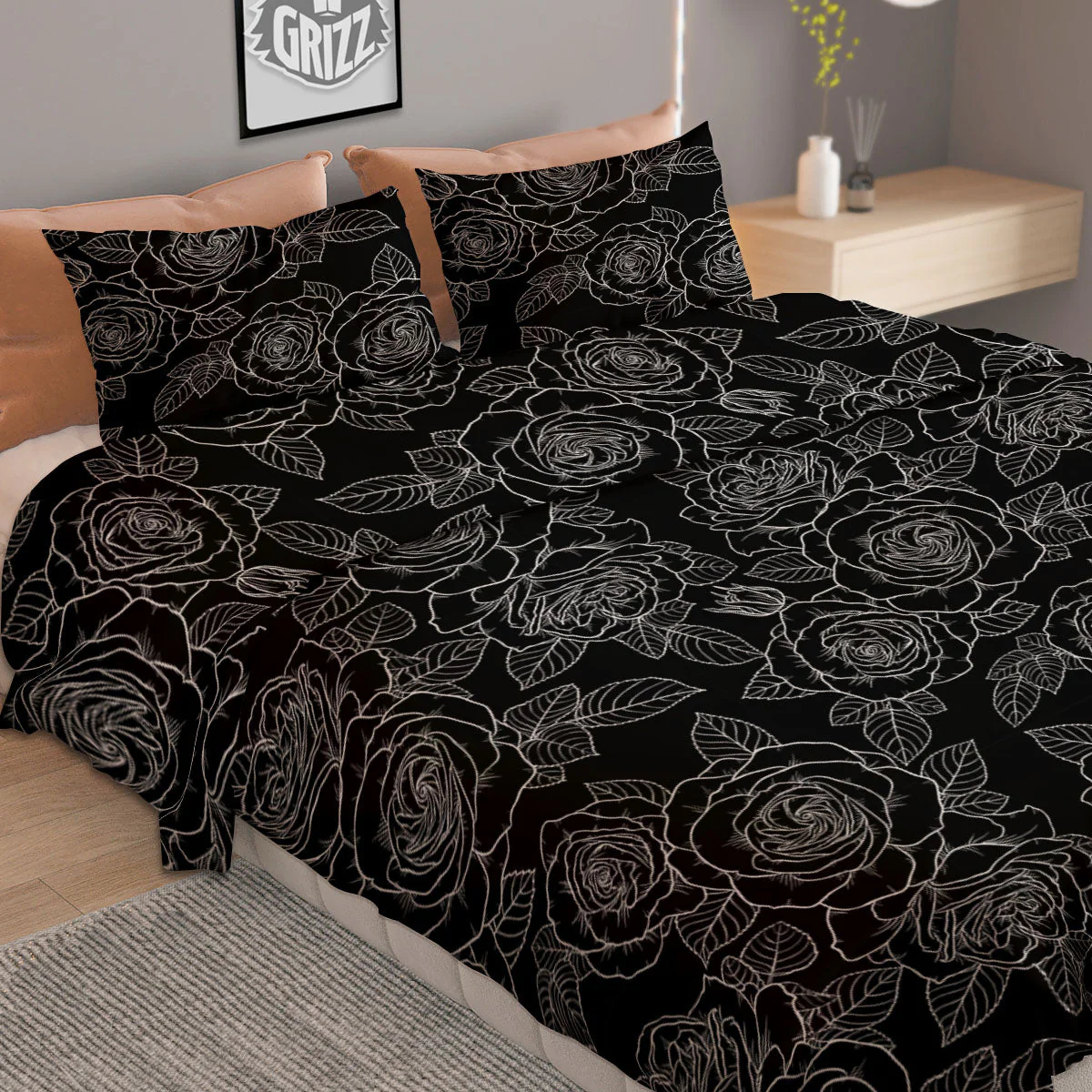 Floral Rose Monochrome Print Pattern Duvet Cover Bedding Set - Image 2