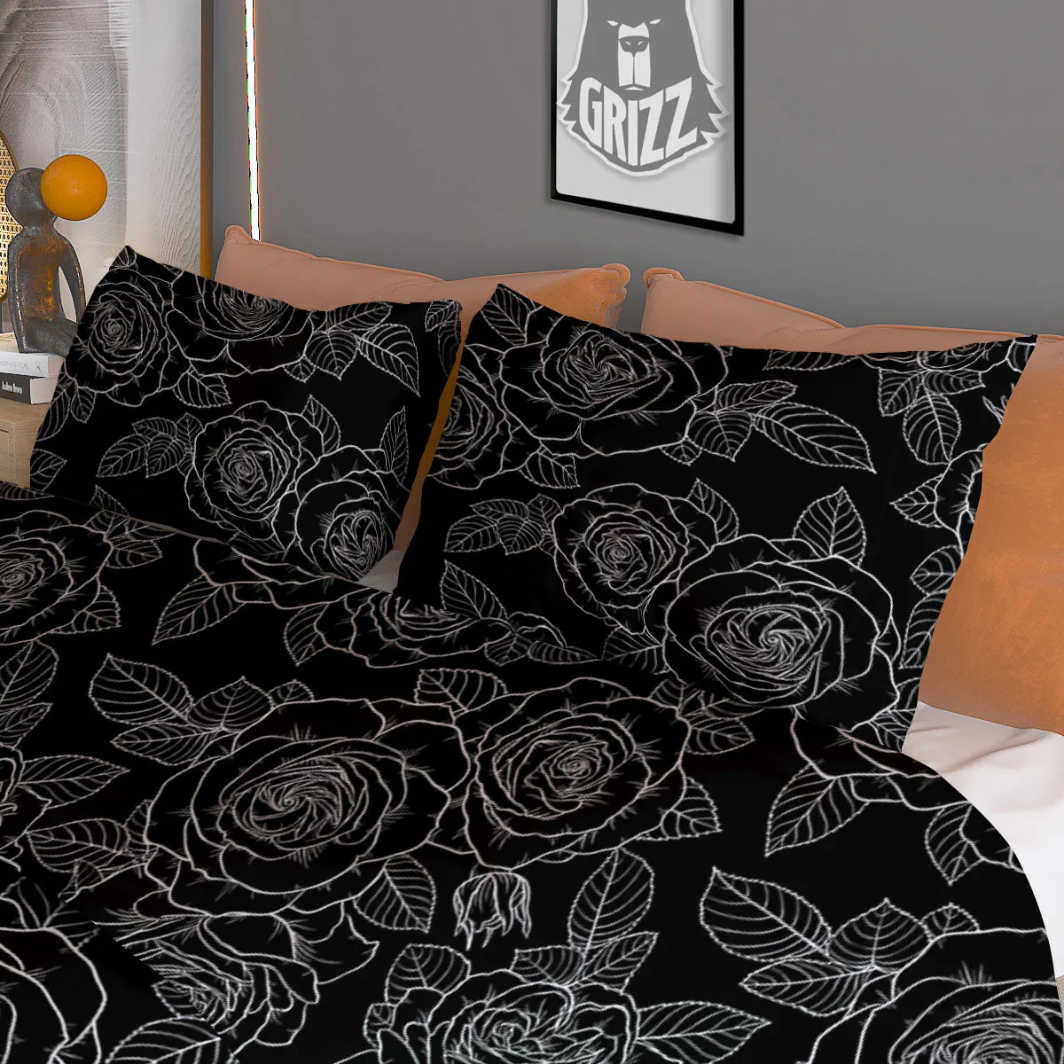 Floral Rose Monochrome Print Pattern Duvet Cover Bedding Set - Image 3