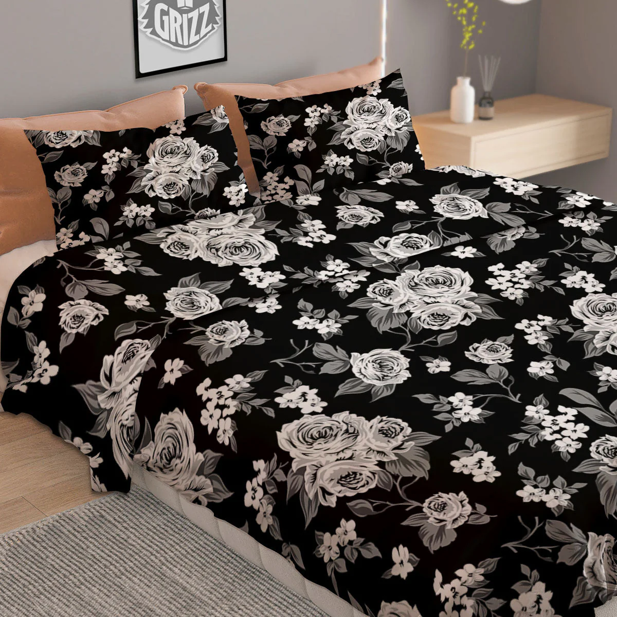 Floral Spring Monochrome Print Pattern Duvet Cover Bedding Set - Image 2