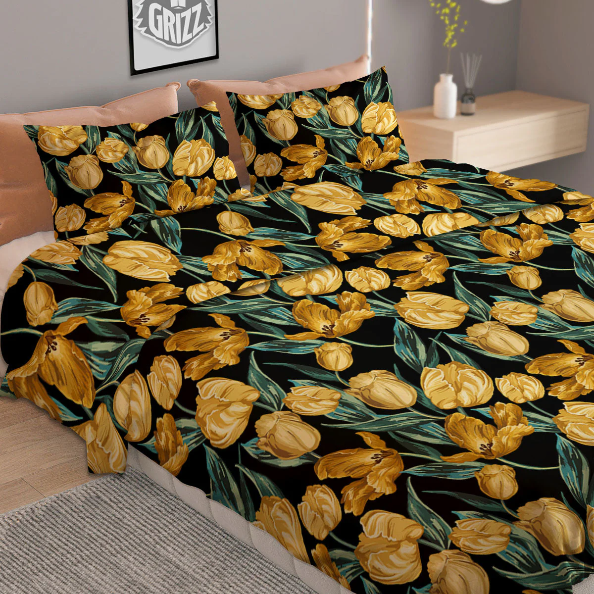 Floral Yellow And Gold Print Duvet Cover Bedding Set - Image 2
