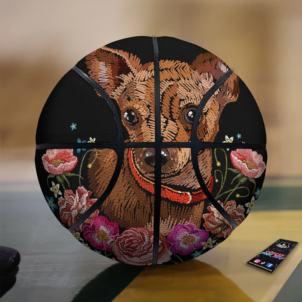Flower And Chihuahua Embroidery Print Basketball