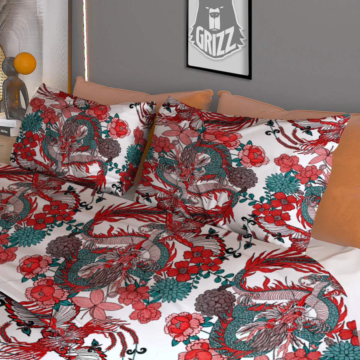 Flower And Chinese Dragon Print Pattern Duvet Cover Bedding Set - Image 3