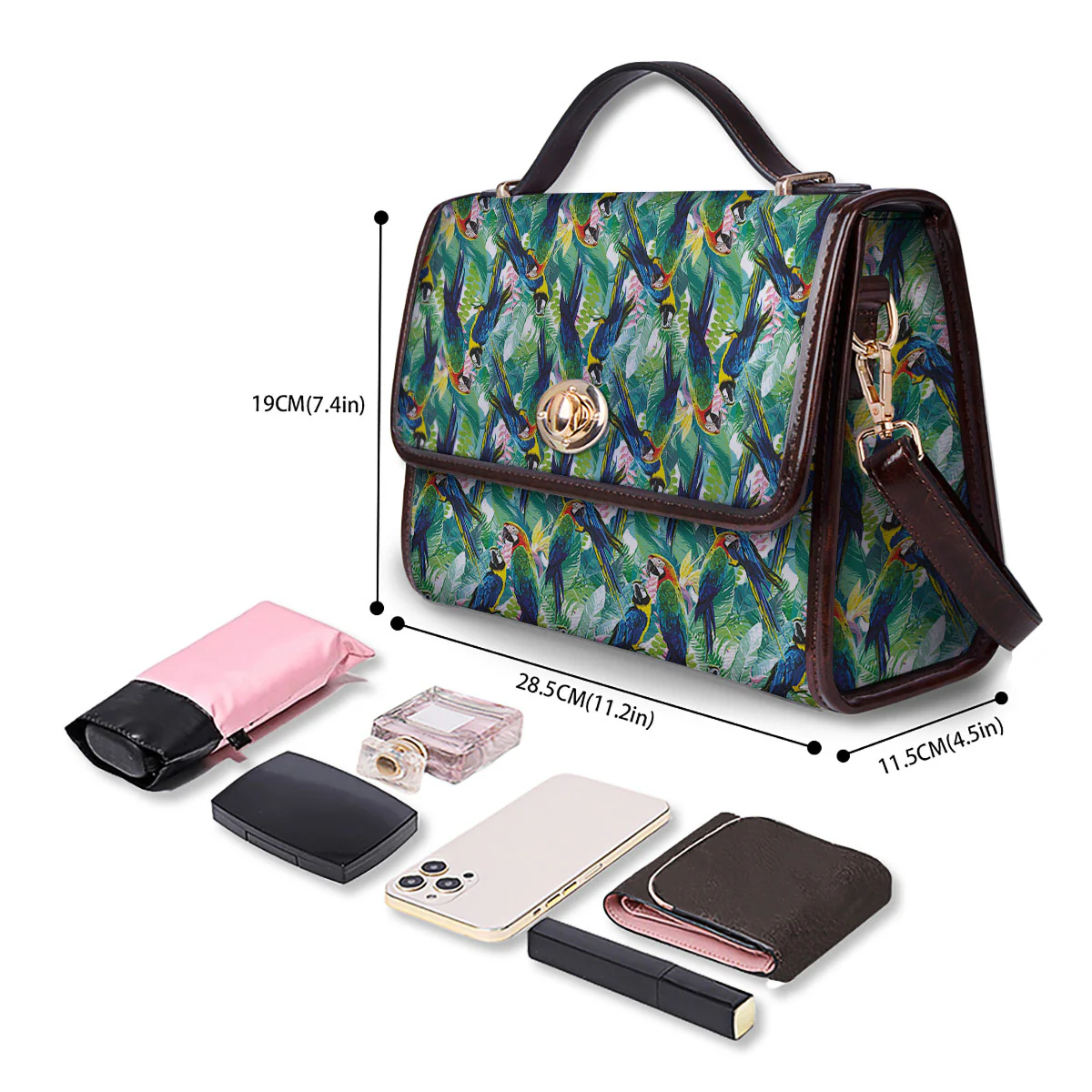 Flower And Parrot Print Pattern Women's Satchel Bag - Image 4