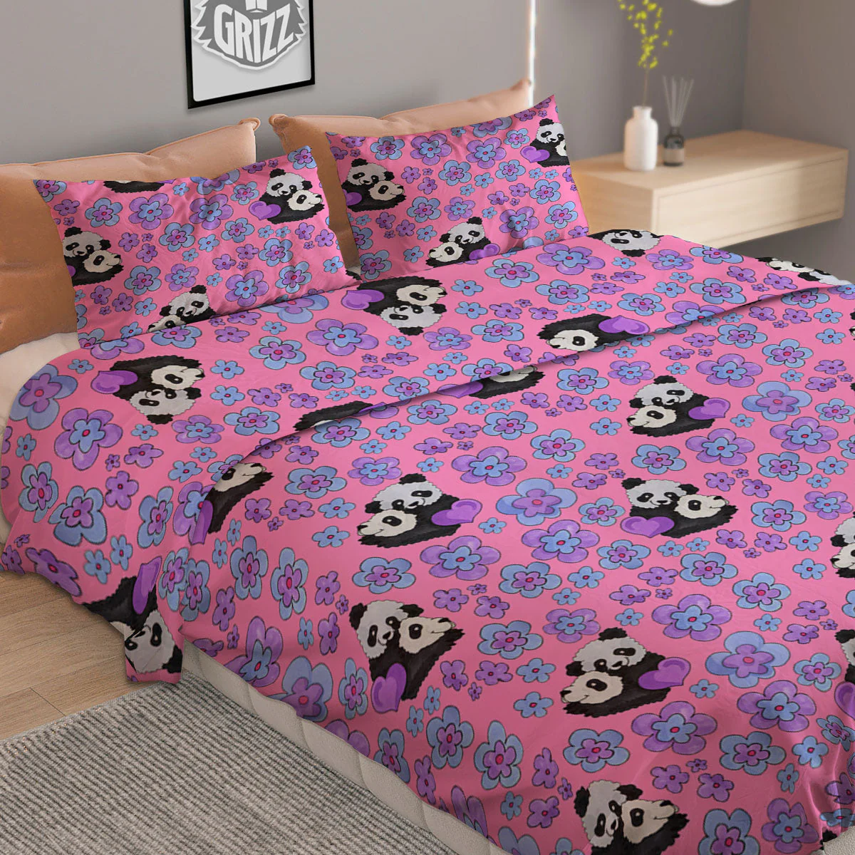Flower And Purple Panda Print Pattern Duvet Cover Bedding Set - Image 2