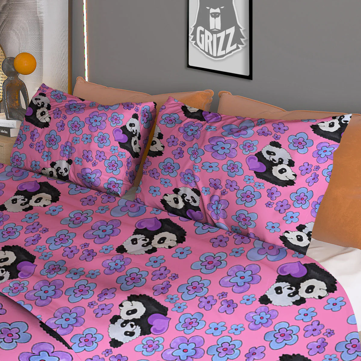 Flower And Purple Panda Print Pattern Duvet Cover Bedding Set - Image 3