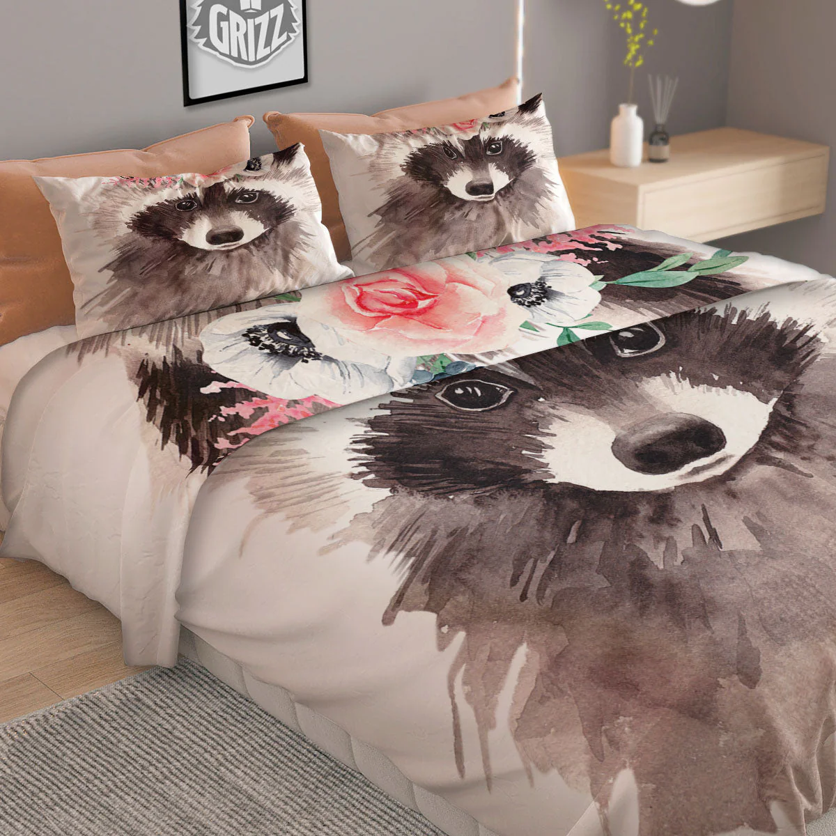 Flower And Raccoon Print Duvet Cover Bedding Set - Image 2