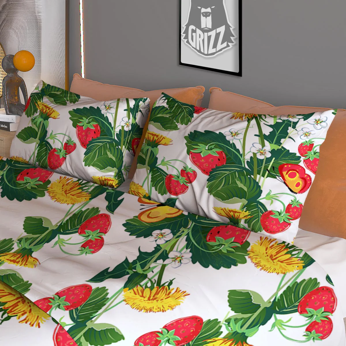 Flower And Strawberry Print Pattern Duvet Cover Bedding Set - Image 3