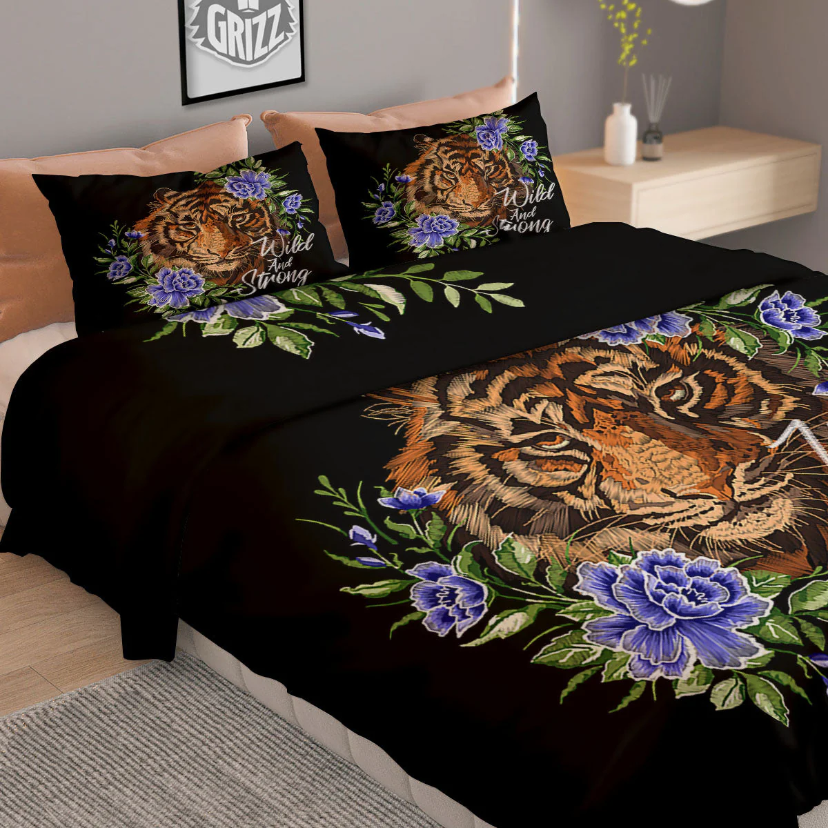 Flower And Tiger Embroidery Print Duvet Cover Bedding Set - Image 2