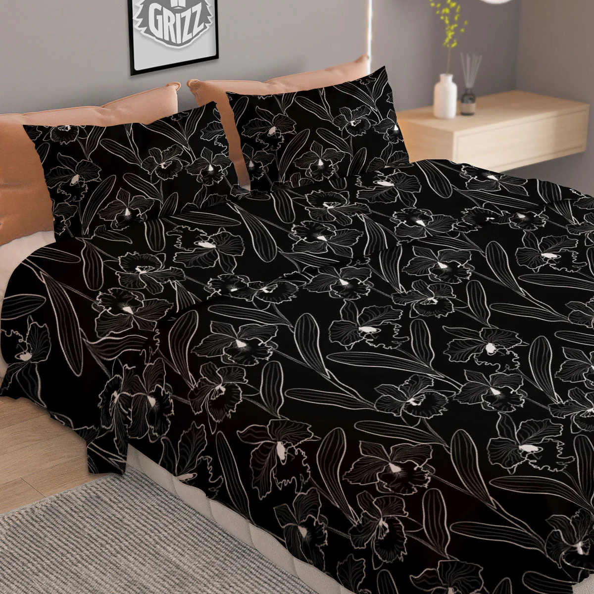 Flower Black Cattleya Print Pattern Duvet Cover Bedding Set - Image 2