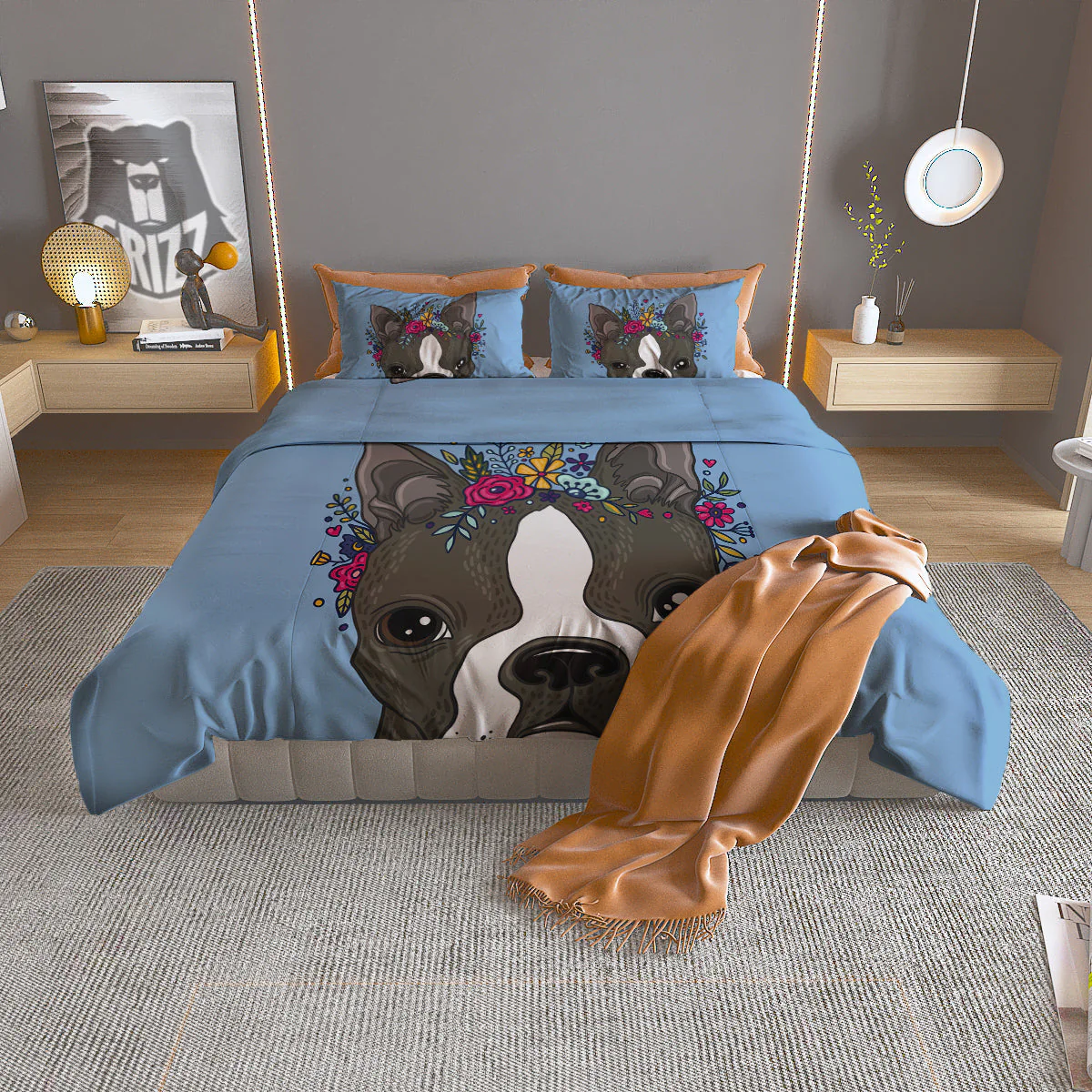 Flower Boston Terrier Cartoon Print Duvet Cover Bedding Set