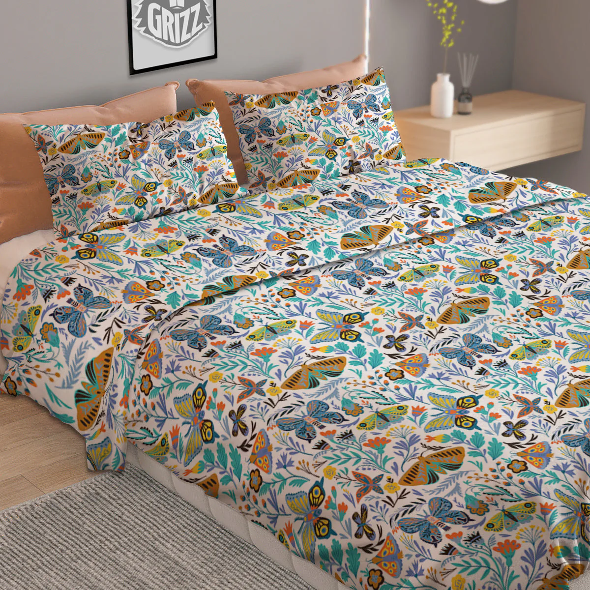 Flower Butterfly And Print Pattern Duvet Cover Bedding Set - Image 2