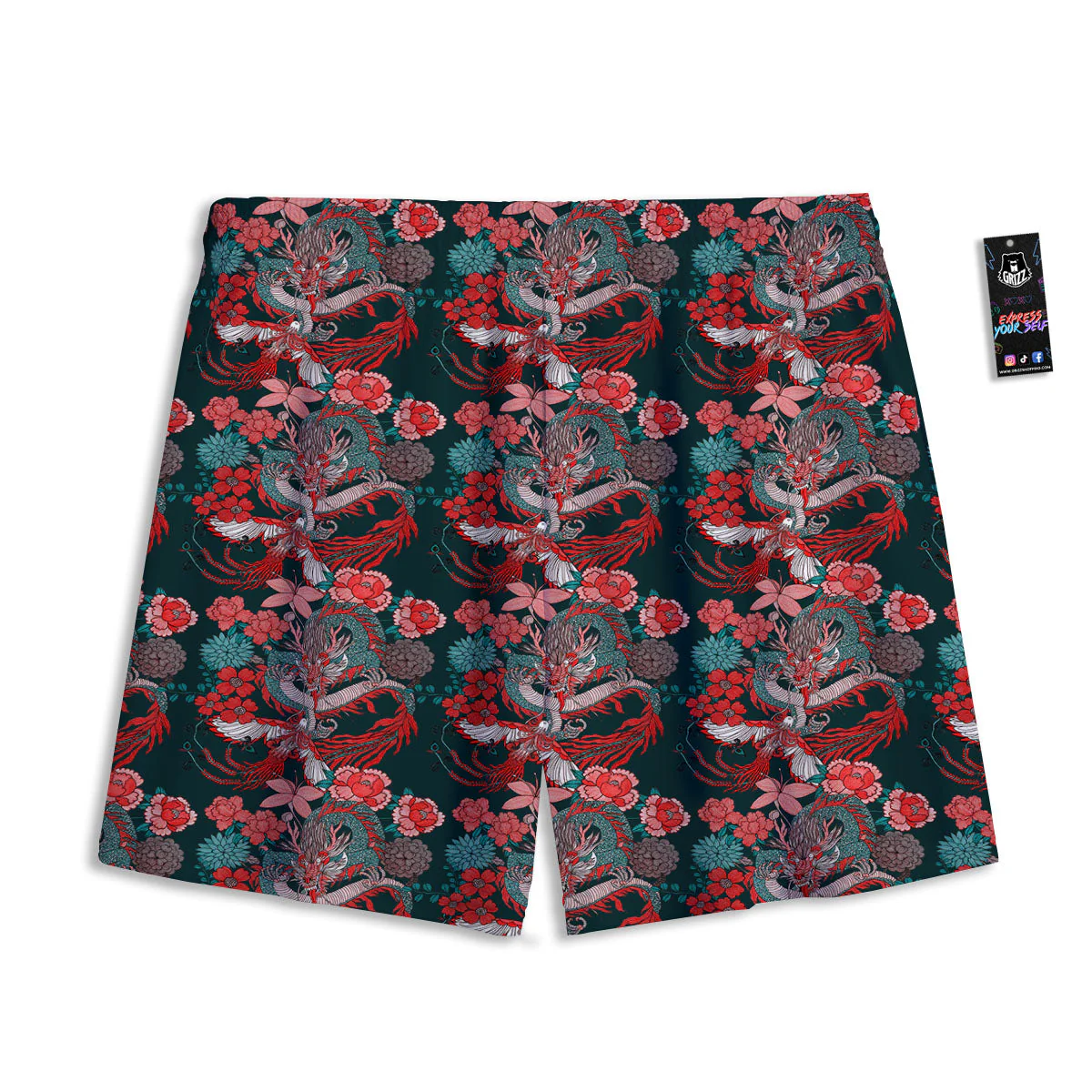 Flower Chinese Dragon Print Pattern Mesh Shorts - Image 2
