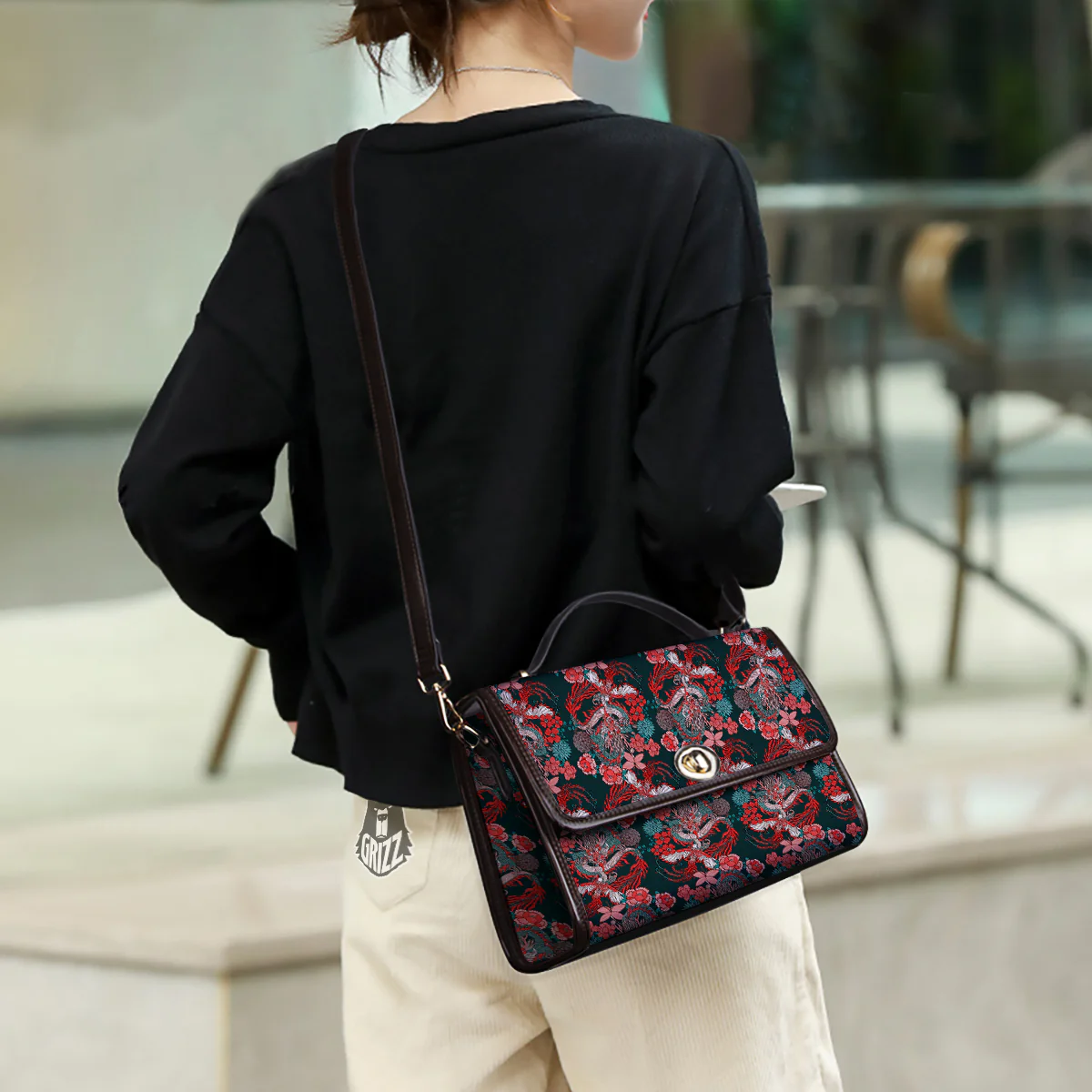 Flower Dragon Vintage Print Pattern Women's Satchel Bag - Image 3