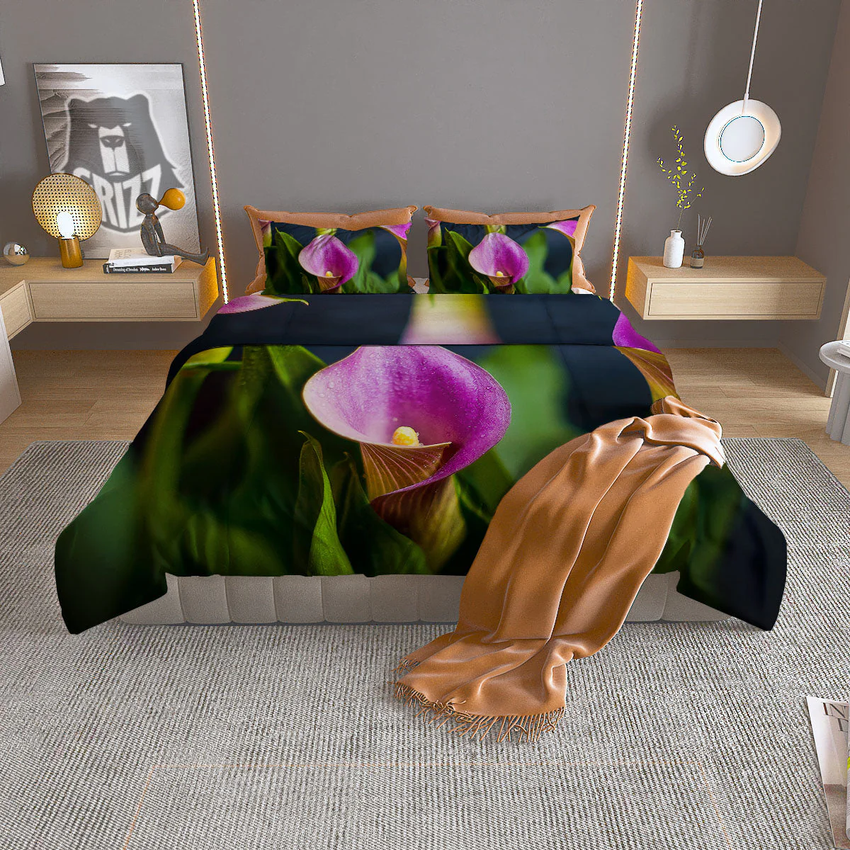 Flower Lily Purple Print Duvet Cover Bedding Set