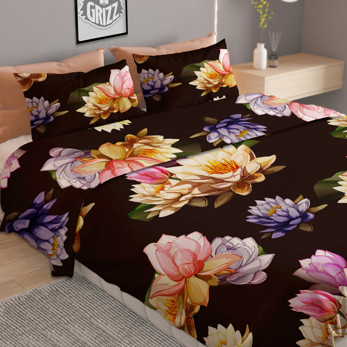 Flower Lotus Vintage Print Pattern Duvet Cover Bedding Set - Image 2