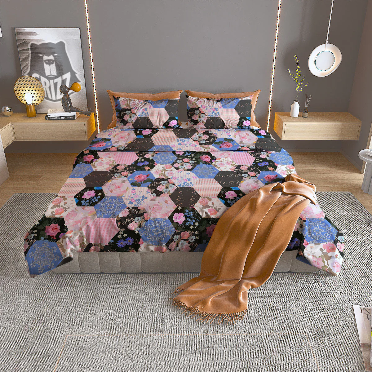 Flower Patchwork Pink Print Pattern Duvet Cover Bedding Set