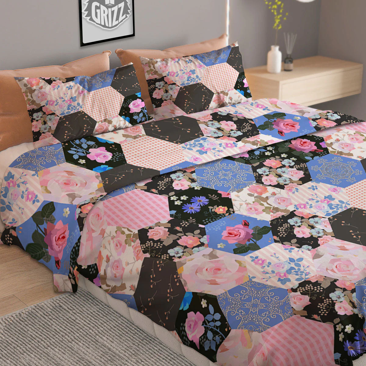 Flower Patchwork Pink Print Pattern Duvet Cover Bedding Set - Image 2