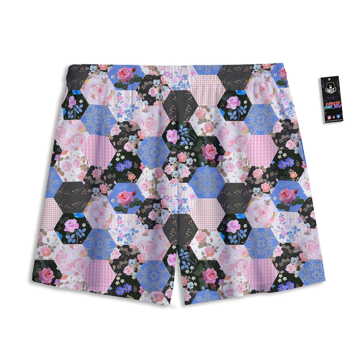 Flower Patchwork Pink Print Pattern Mesh Shorts - Image 2
