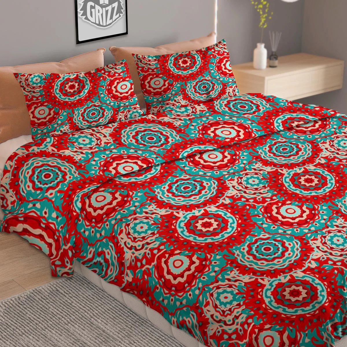 Flower Red Boho Print Pattern Duvet Cover Bedding Set - Image 2