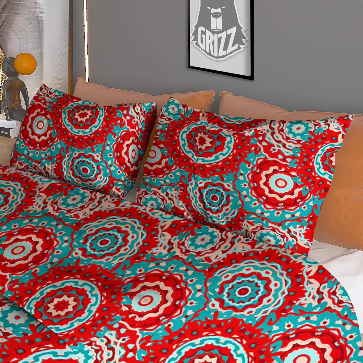 Flower Red Boho Print Pattern Duvet Cover Bedding Set - Image 3