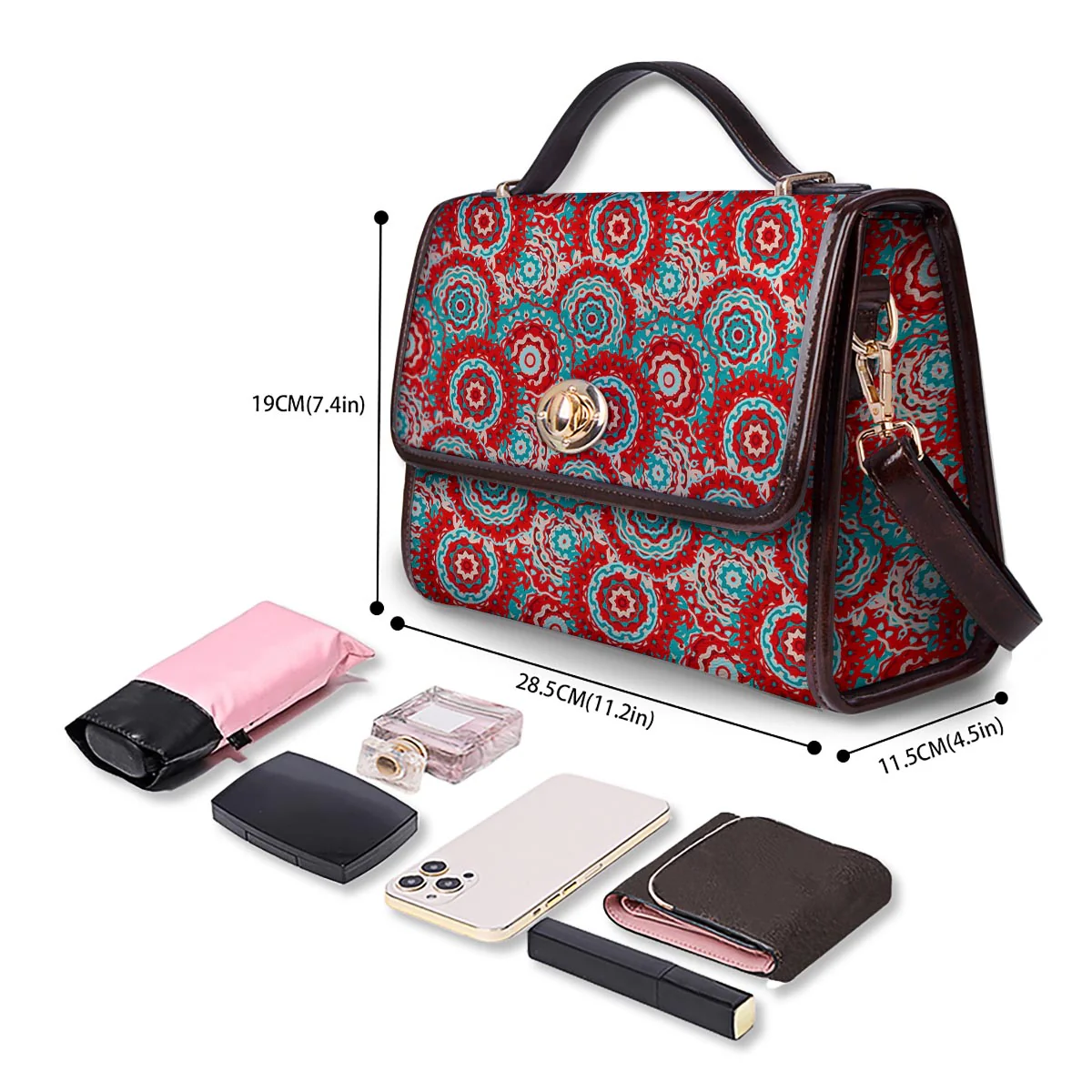 Flower Red Boho Print Pattern Women's Satchel Bag - Image 4