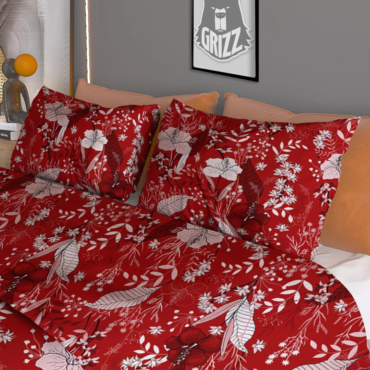 Flower Red Japanese Print Pattern Duvet Cover Bedding Set - Image 3