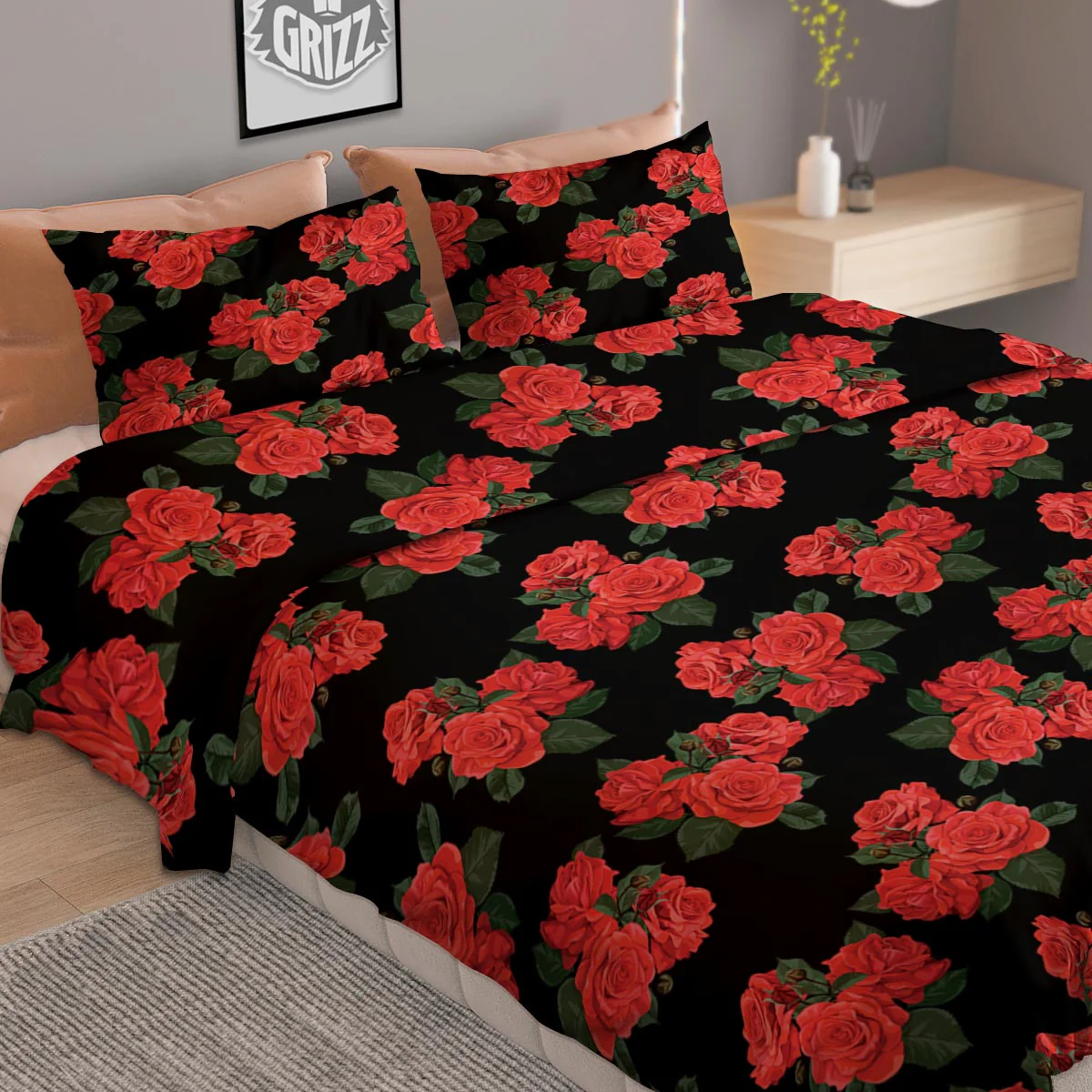 Flower Red Rose Print Pattern Duvet Cover Bedding Set - Image 2