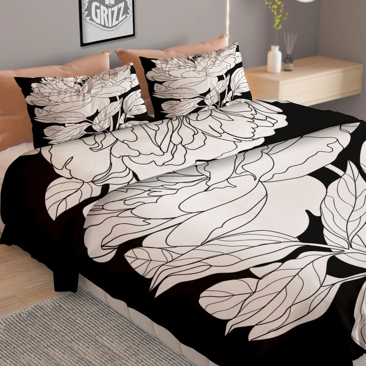 Flower White And Black Print Duvet Cover Bedding Set - Image 2