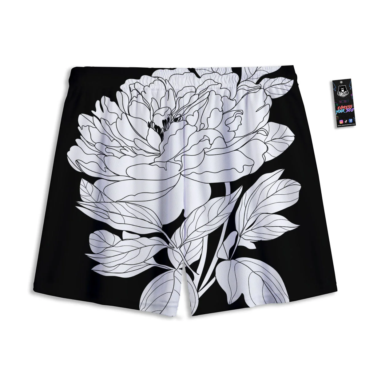 Flower White And Black Print Mesh Shorts - Image 2