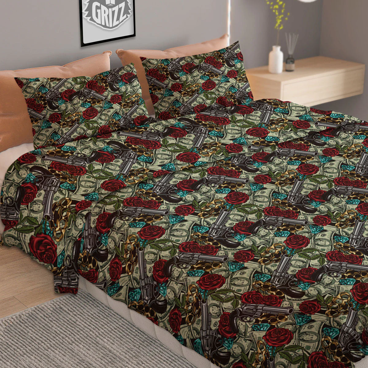 Flowers Guns And Print Pattern Duvet Cover Bedding Set - Image 2