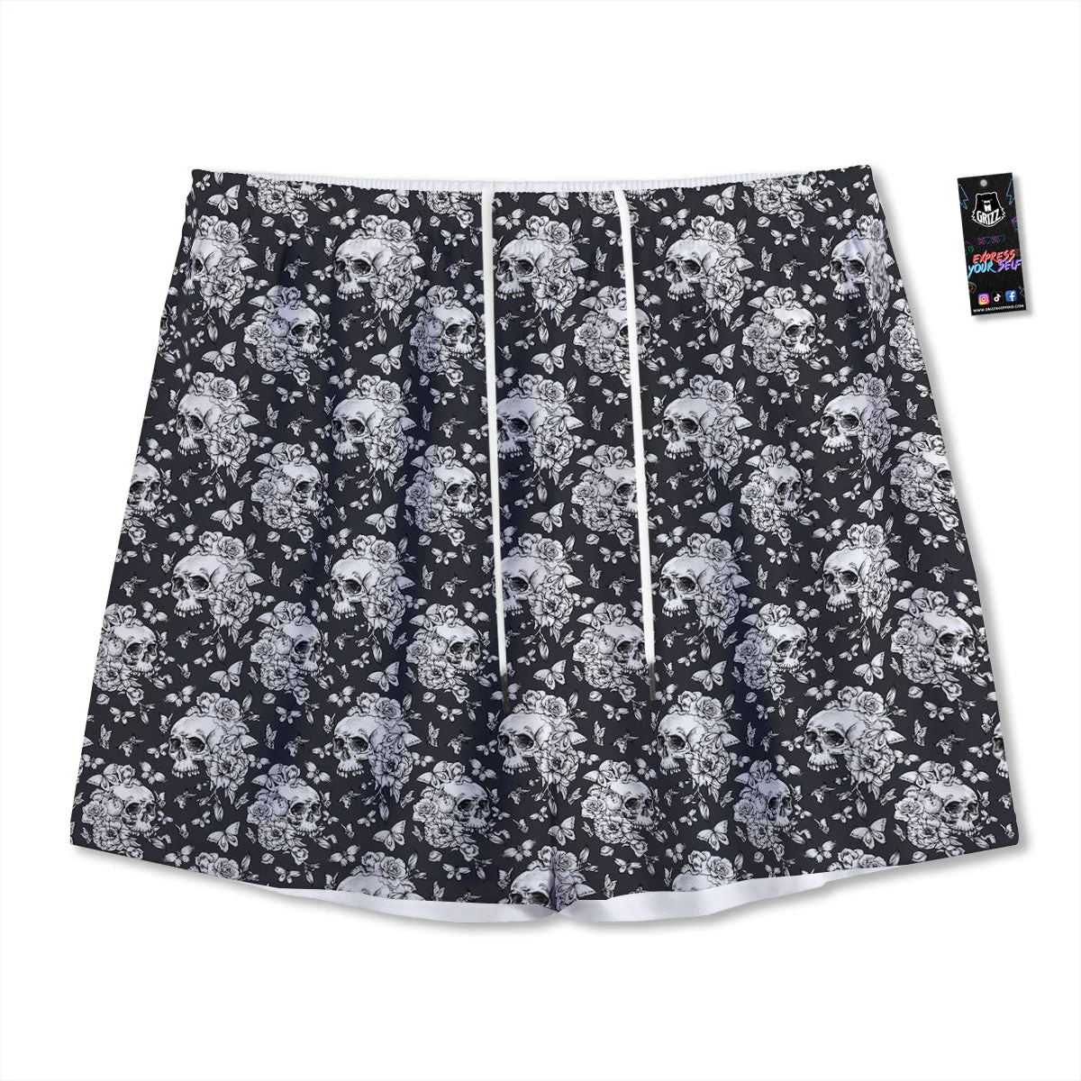 Flowers Skull Monochrome Print Pattern Mesh Shorts