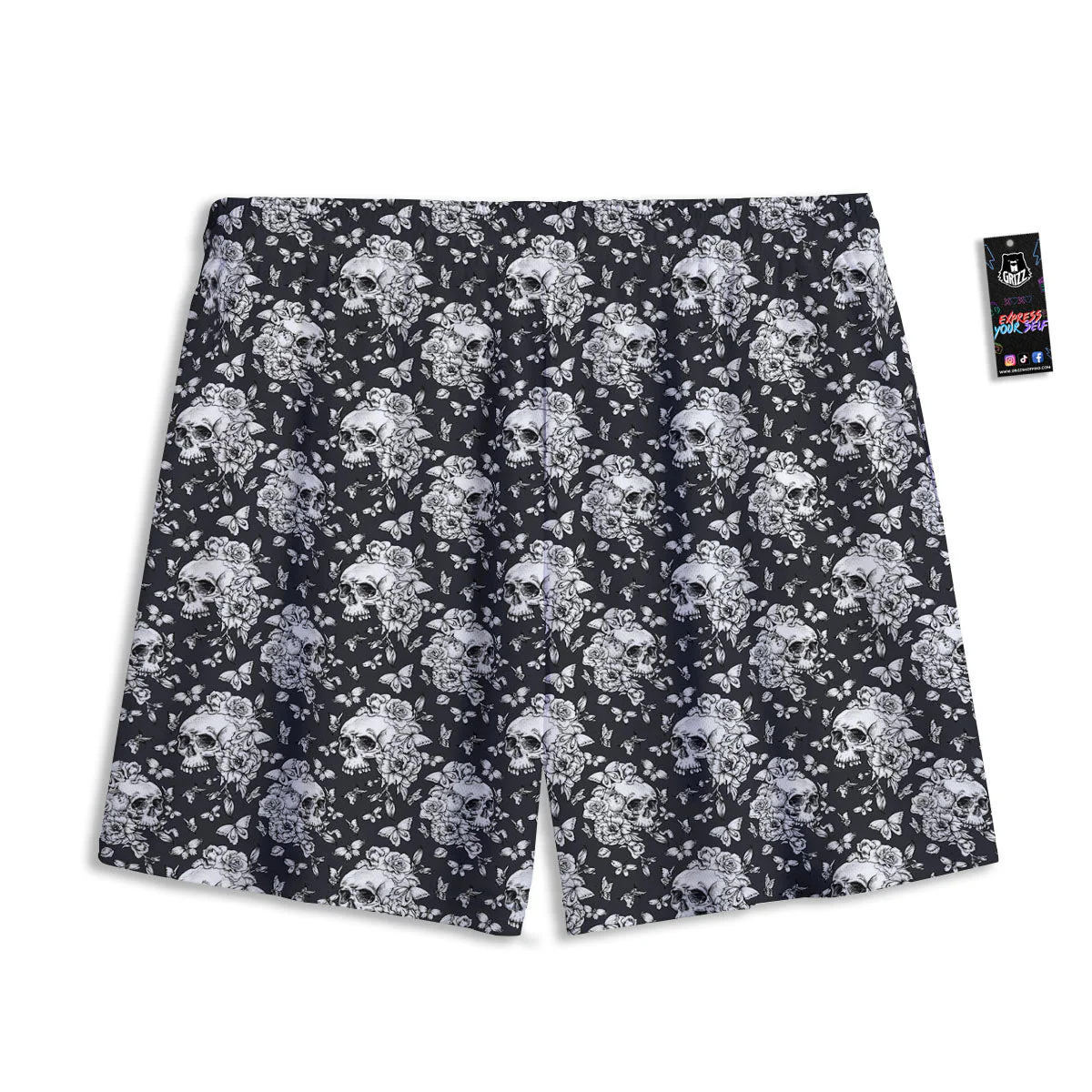 Flowers Skull Monochrome Print Pattern Mesh Shorts - Image 2