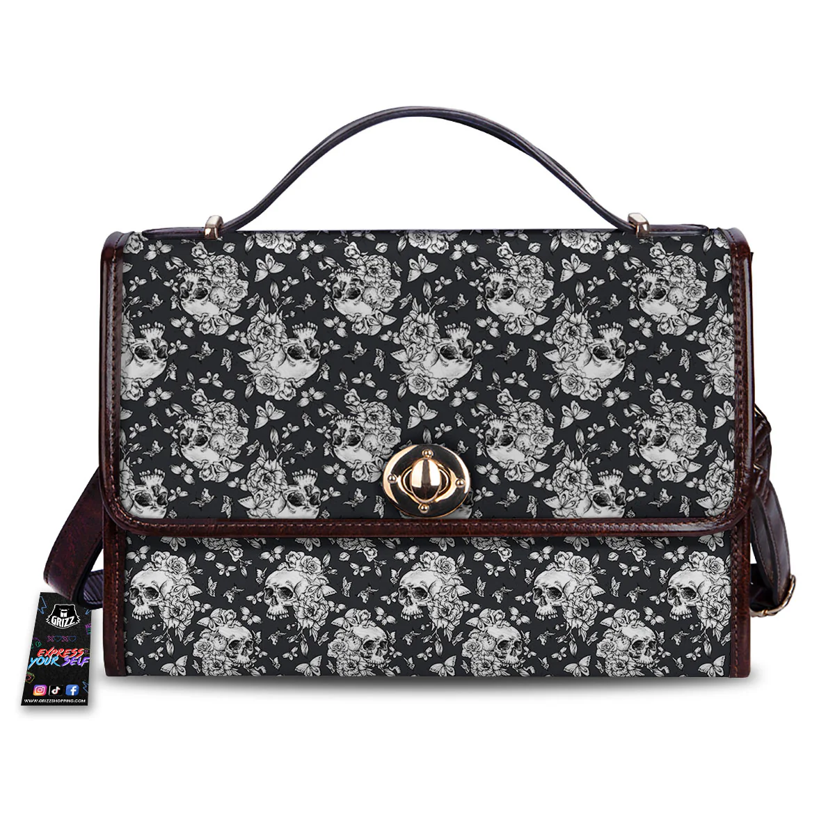 Flowers Skull Monochrome Print Pattern Women's Satchel Bag