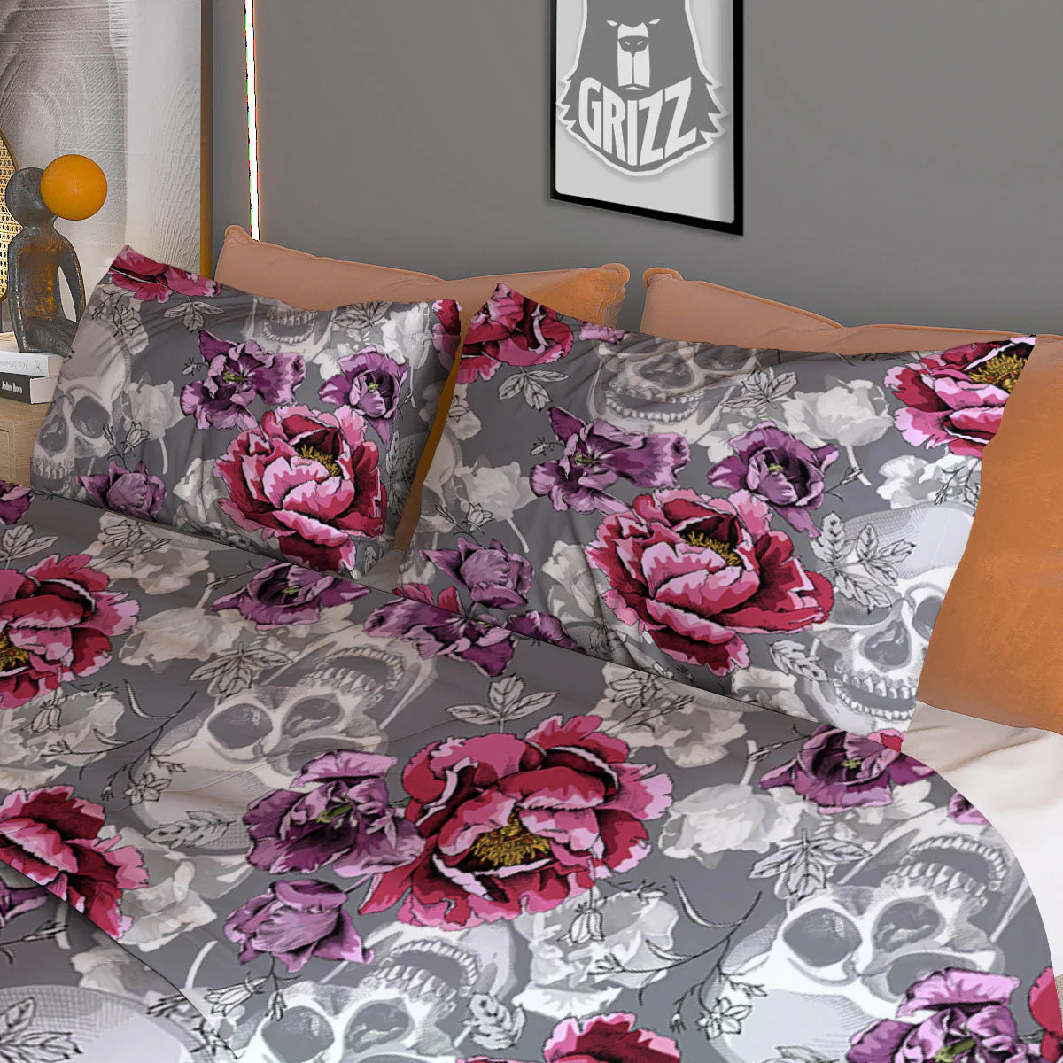 Flowers Skull Pink Print Pattern Duvet Cover Bedding Set - Image 3
