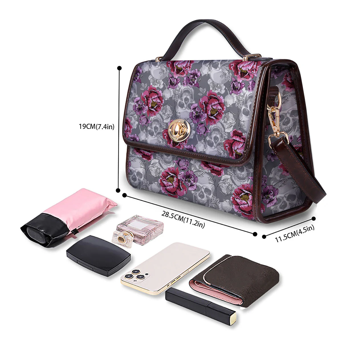 Flowers Skull Pink Print Pattern Women's Satchel Bag - Image 4
