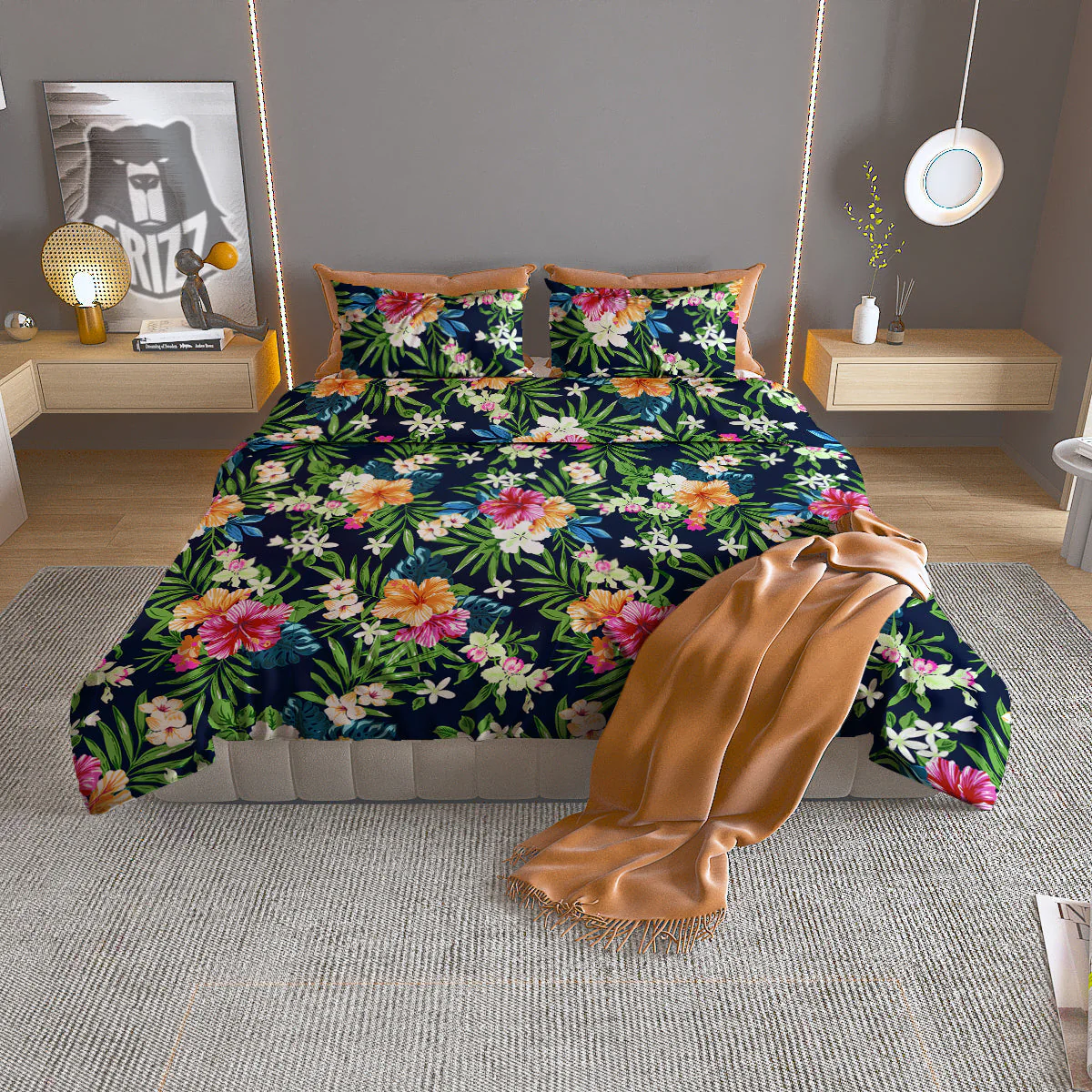 Flowers Tropical Print Pattern Duvet Cover Bedding Set