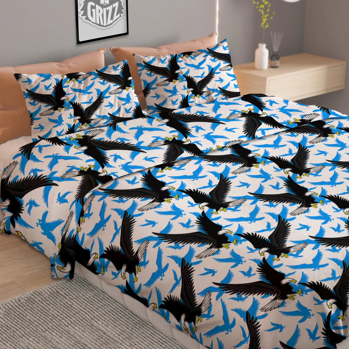 Flying Bald Eagles Blue White Print Pattern Duvet Cover Bedding Set - Image 2