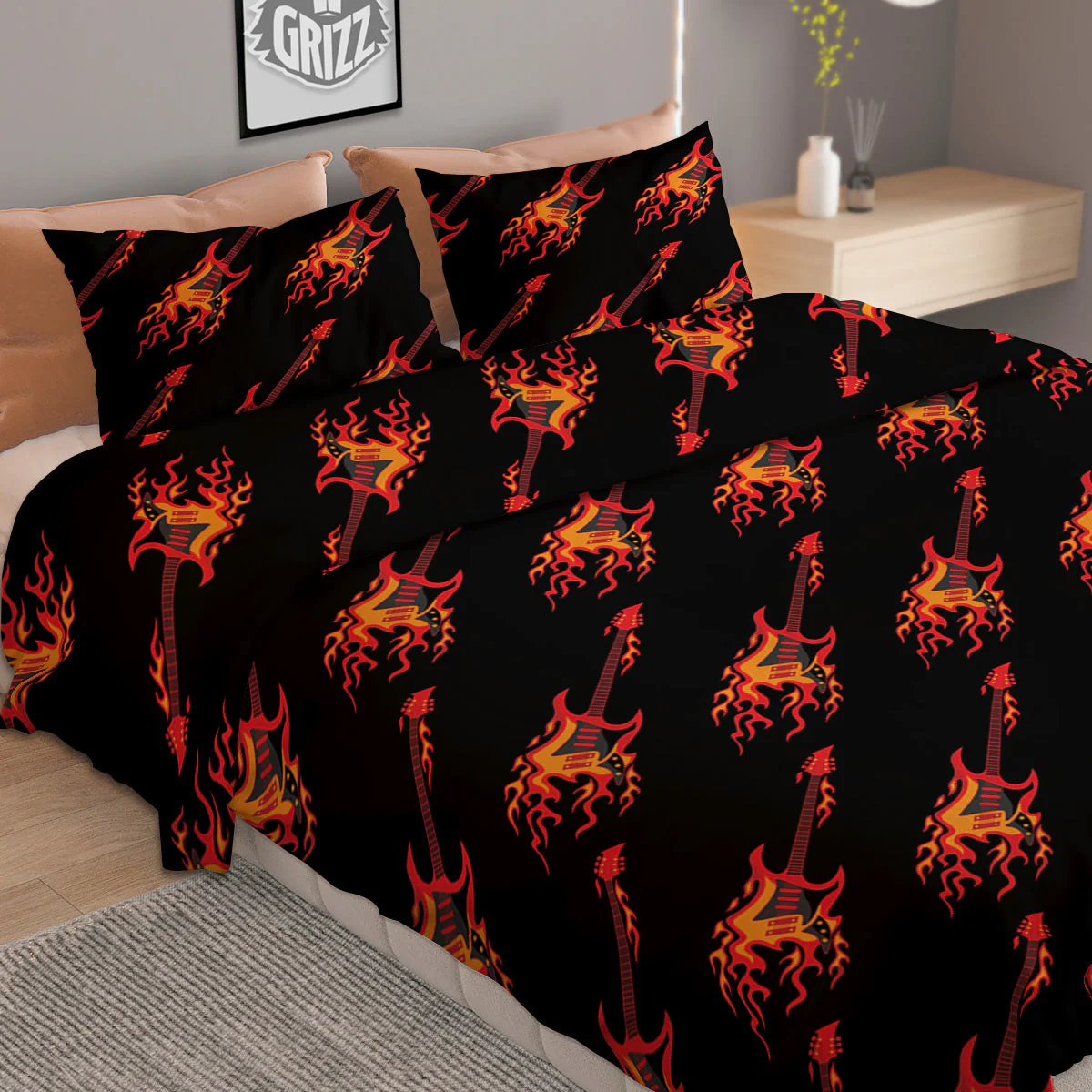 Flying Burning Guitars Print Pattern Duvet Cover Bedding Set - Image 2