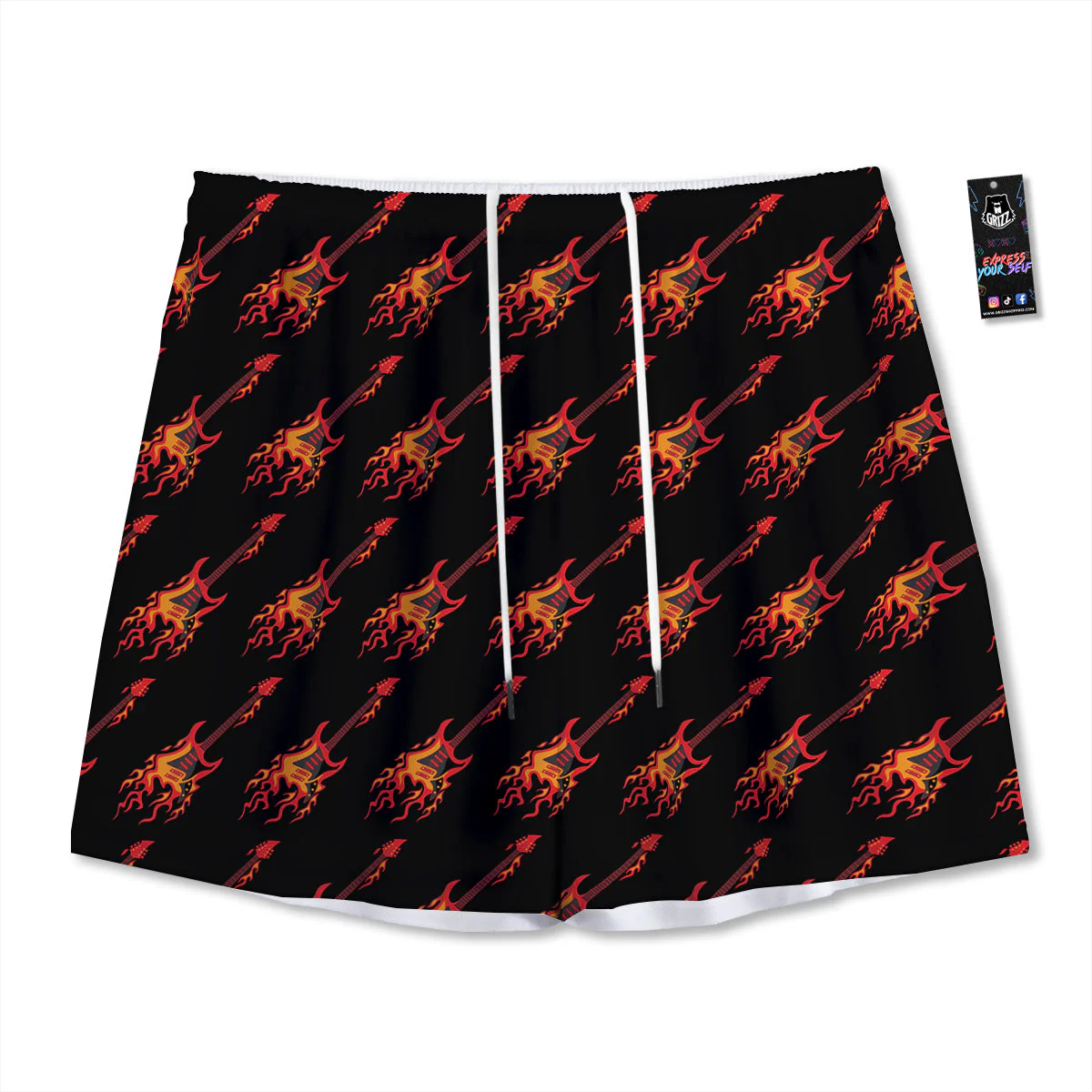 Flying Burning Guitars Print Pattern Mesh Shorts