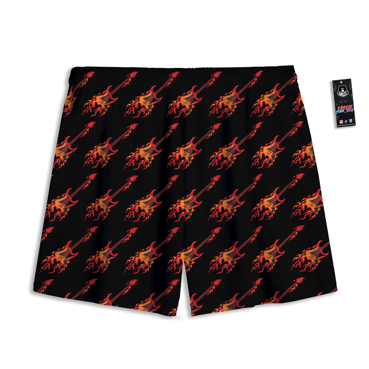 Flying Burning Guitars Print Pattern Mesh Shorts - Image 2