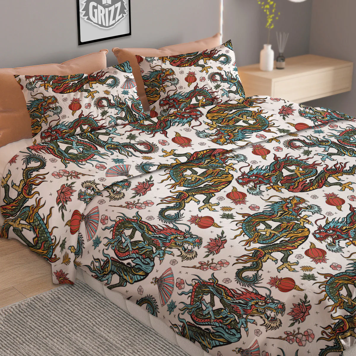 Flying Chinese Dragons Tattoo Print Pattern Duvet Cover Bedding Set - Image 2