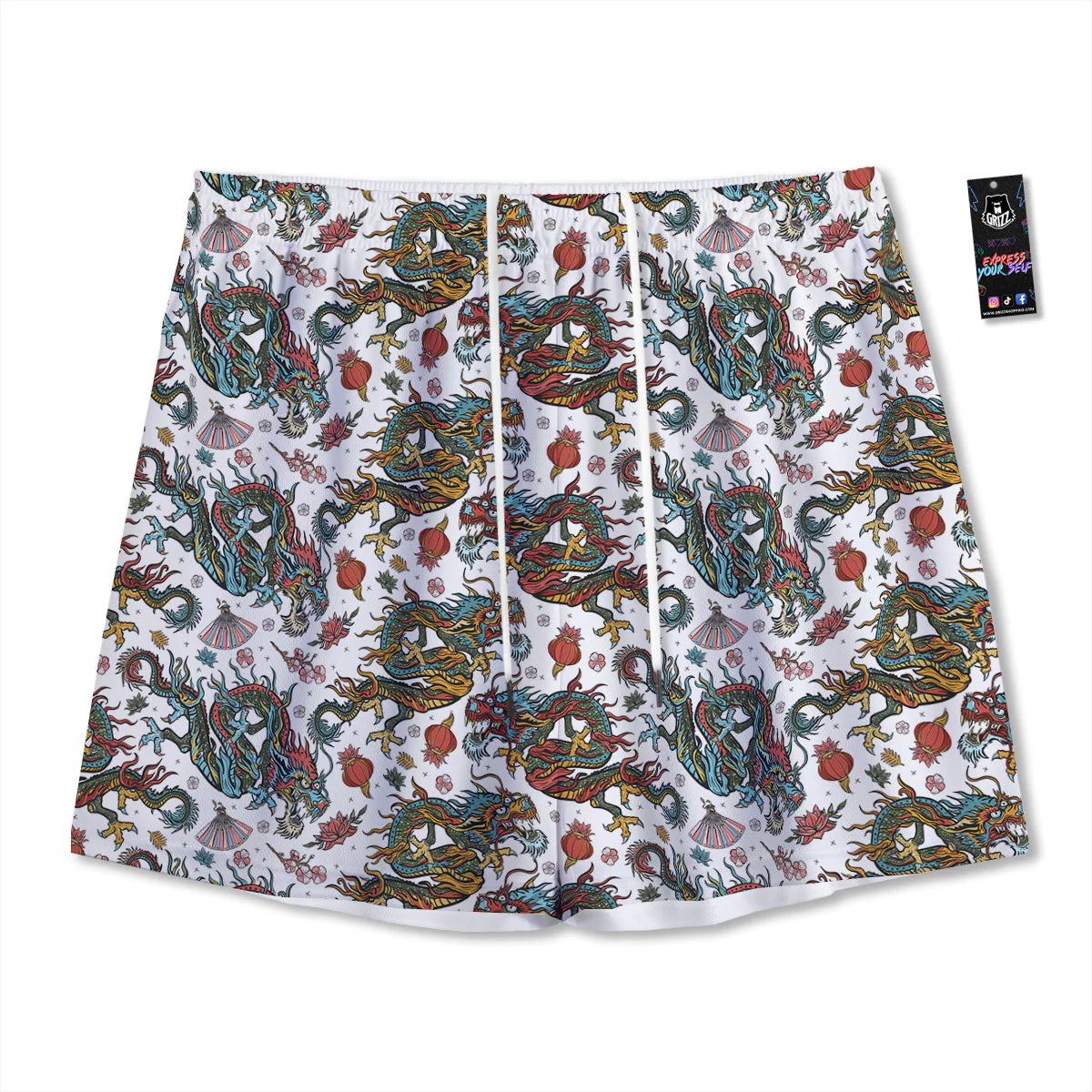 Flying Chinese Dragons Tattoo Print Pattern Mesh Shorts