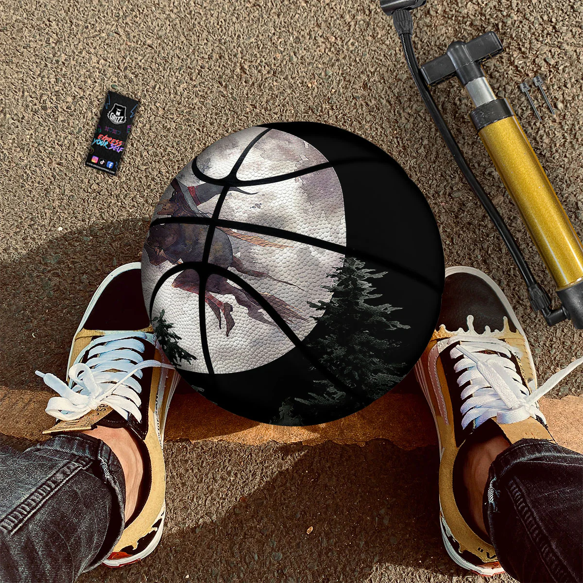 Flying Witch Halloween Full Moon Print Basketball - Image 2