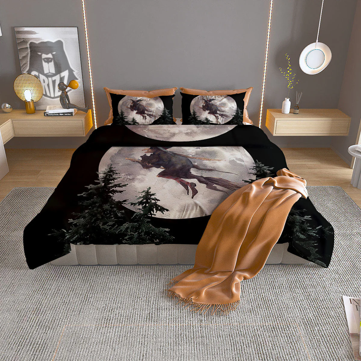 Flying Witch Halloween Full Moon Print Duvet Cover Bedding Set