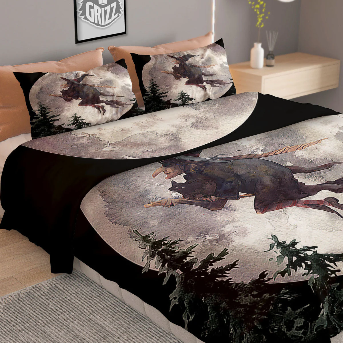 Flying Witch Halloween Full Moon Print Duvet Cover Bedding Set - Image 2