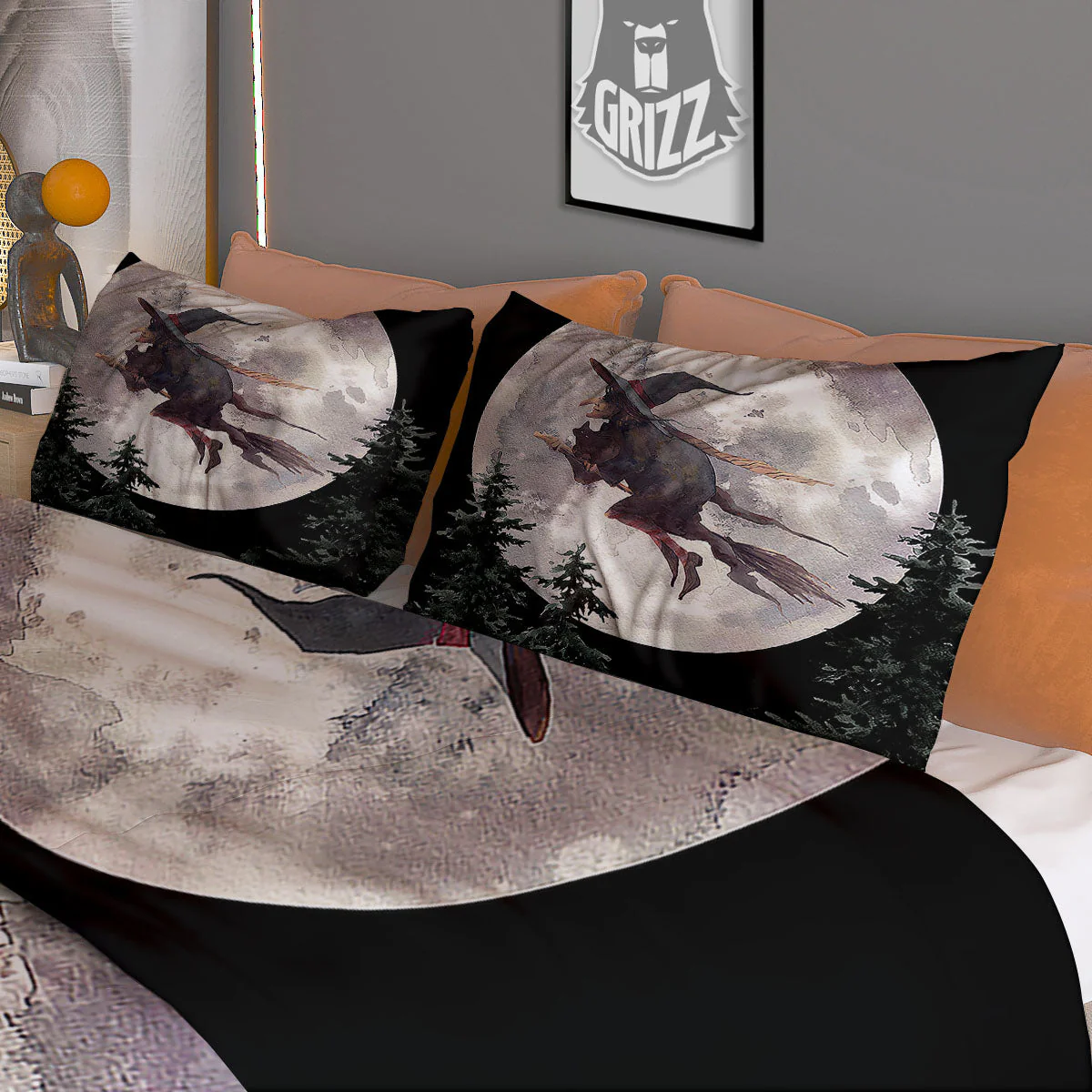 Flying Witch Halloween Full Moon Print Duvet Cover Bedding Set - Image 3