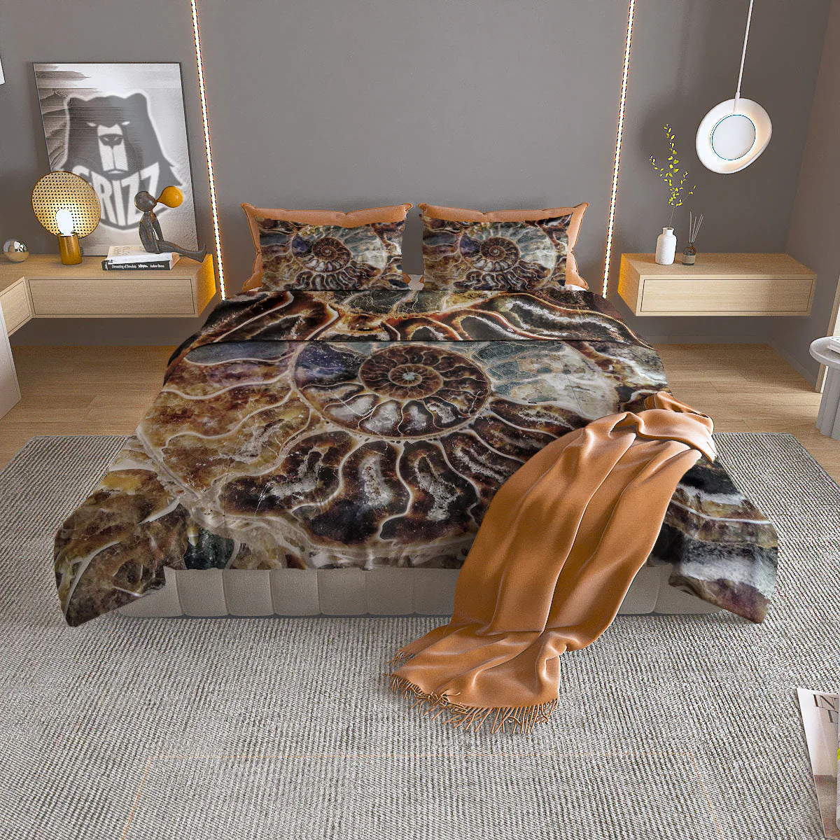 Fossil Ammonite Print Duvet Cover Bedding Set