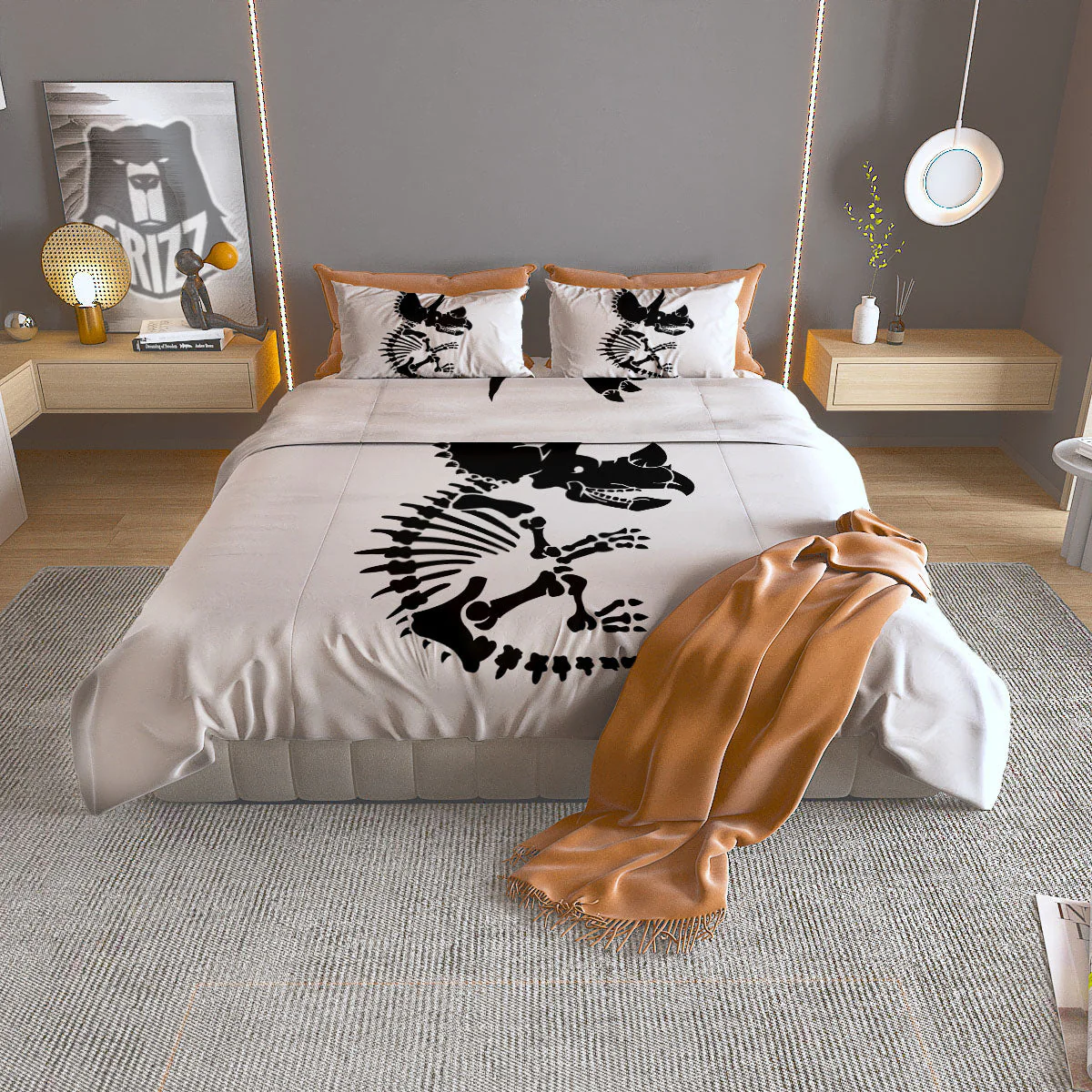Fossil Dinosaur Monochrome Print Duvet Cover Bedding Set